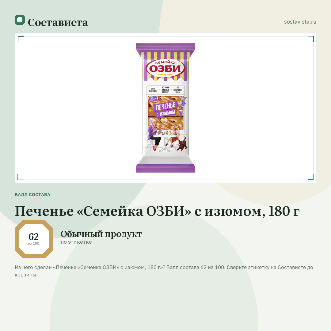 Печенье «Семейка ОЗБИ» с изюмом, 180 г: балл состава 62 из 100 — Состависта