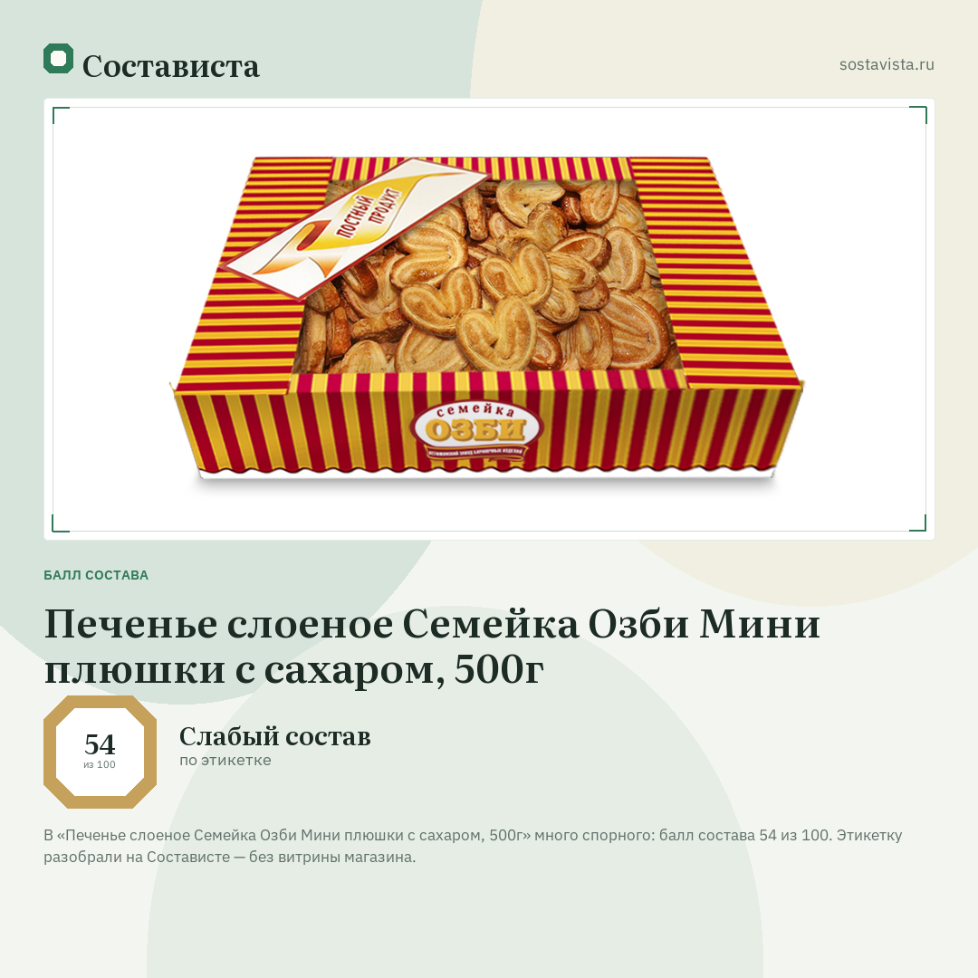 Печенье слоеное Семейка Озби Мини плюшки с сахаром, 500г: балл состава 54 из 100 — Состависта