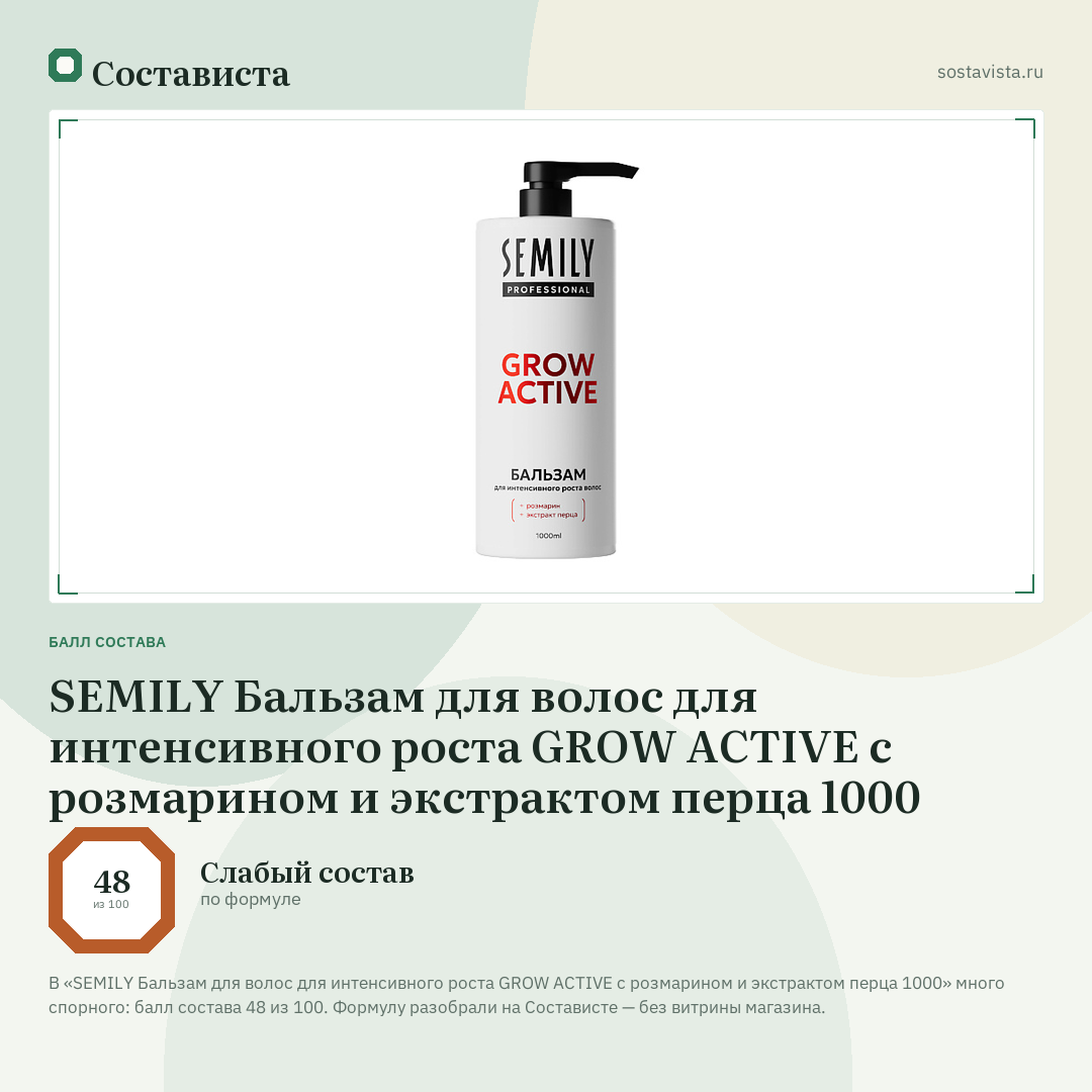 SEMILY Бальзам для волос для интенсивного роста GROW ACTIVE с розмарином и экстрактом перца 1000: балл состава 48 из 100 — Состависта