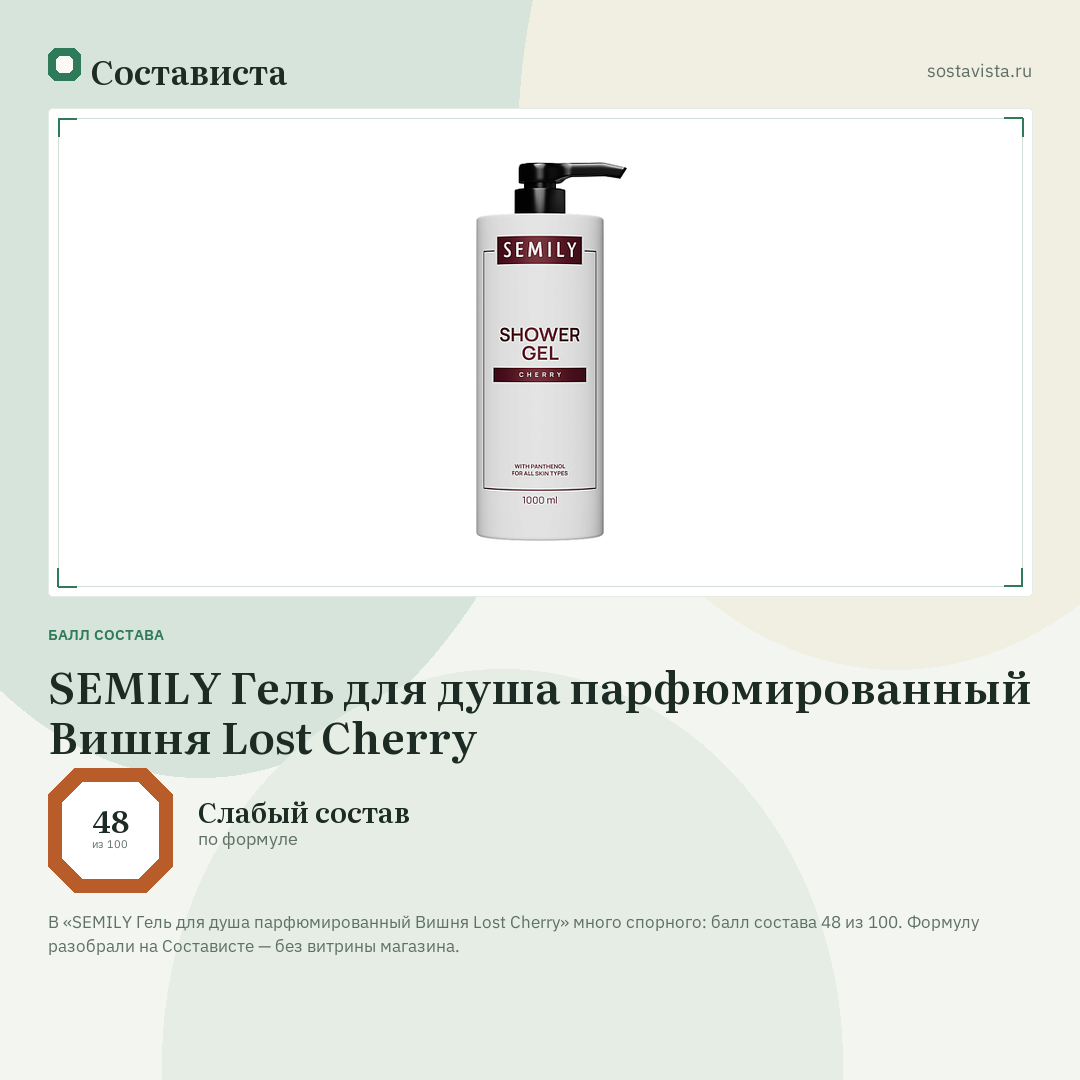SEMILY Гель для душа парфюмированный Вишня Lost Cherry: балл состава 48 из 100 — Состависта