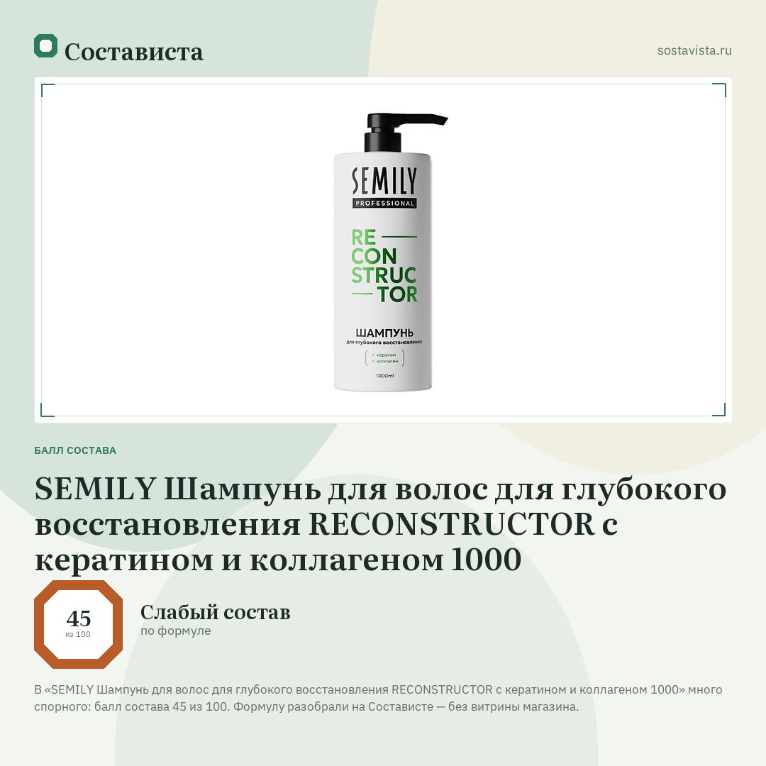 SEMILY Шампунь для волос для глубокого восстановления RECONSTRUCTOR с кератином и коллагеном 1000: балл состава 45 из 100 — Состависта