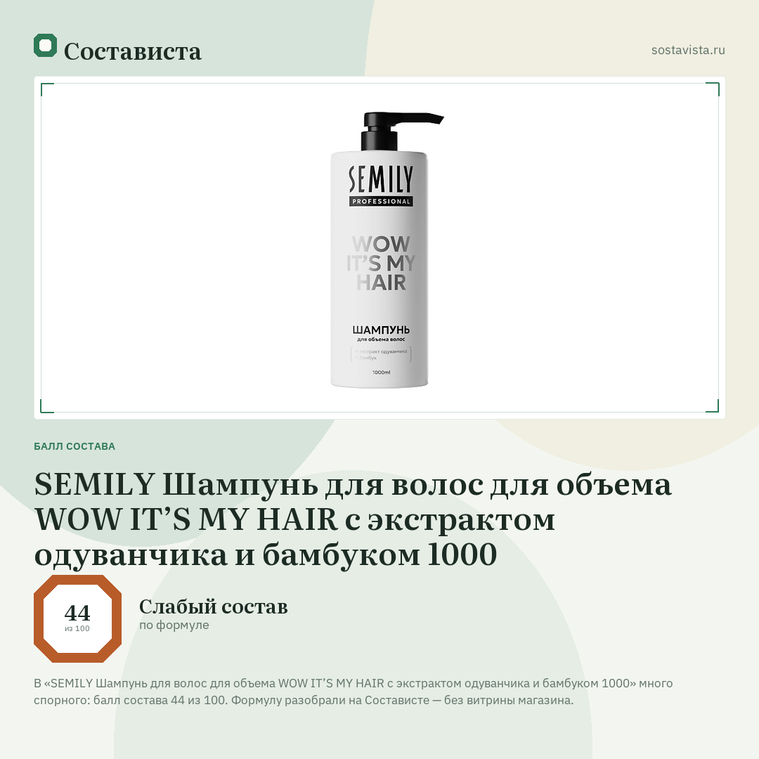 SEMILY Шампунь для волос для объема WOW IT’S MY HAIR с экстрактом одуванчика и бамбуком 1000: балл состава 44 из 100 — Состависта
