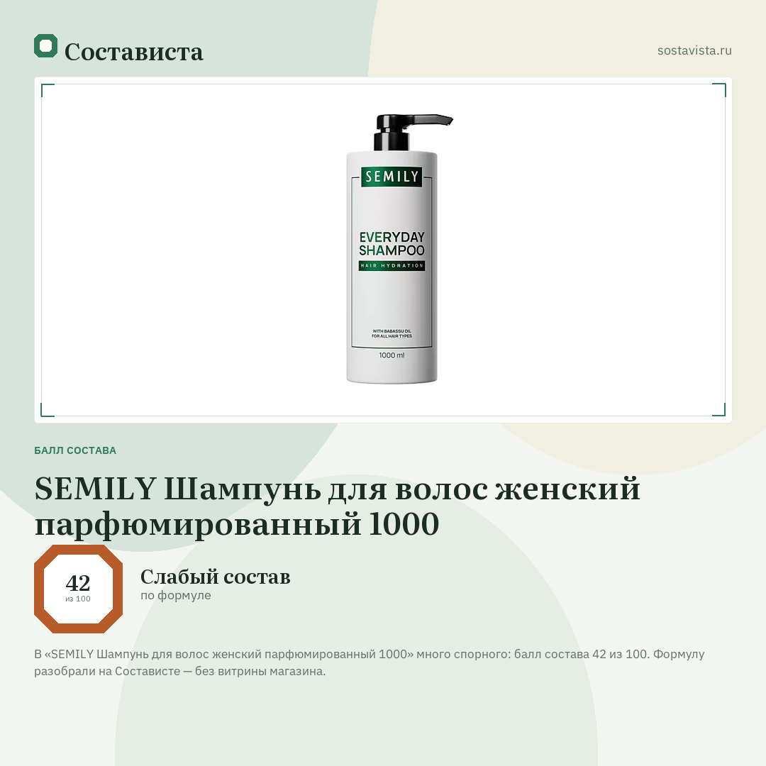 SEMILY Шампунь для волос женский парфюмированный 1000: балл состава 42 из 100 — Состависта