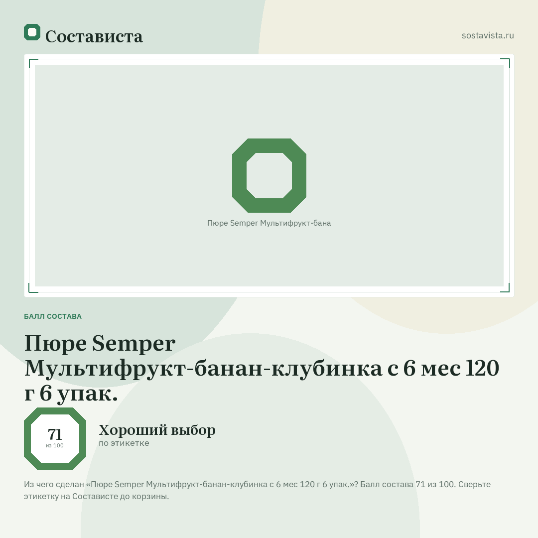 Пюре Semper Мультифрукт-банан-клубинка с 6 мес 120 г 6 упак.: балл состава 71 из 100 — Состависта