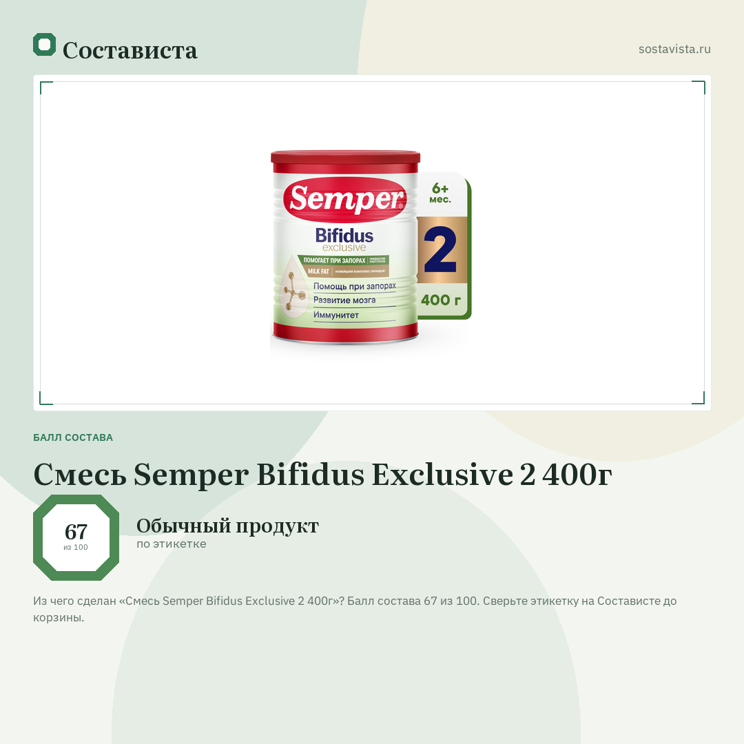 Смесь Semper Bifidus Exclusive 2 400г: балл состава 67 из 100 — Состависта