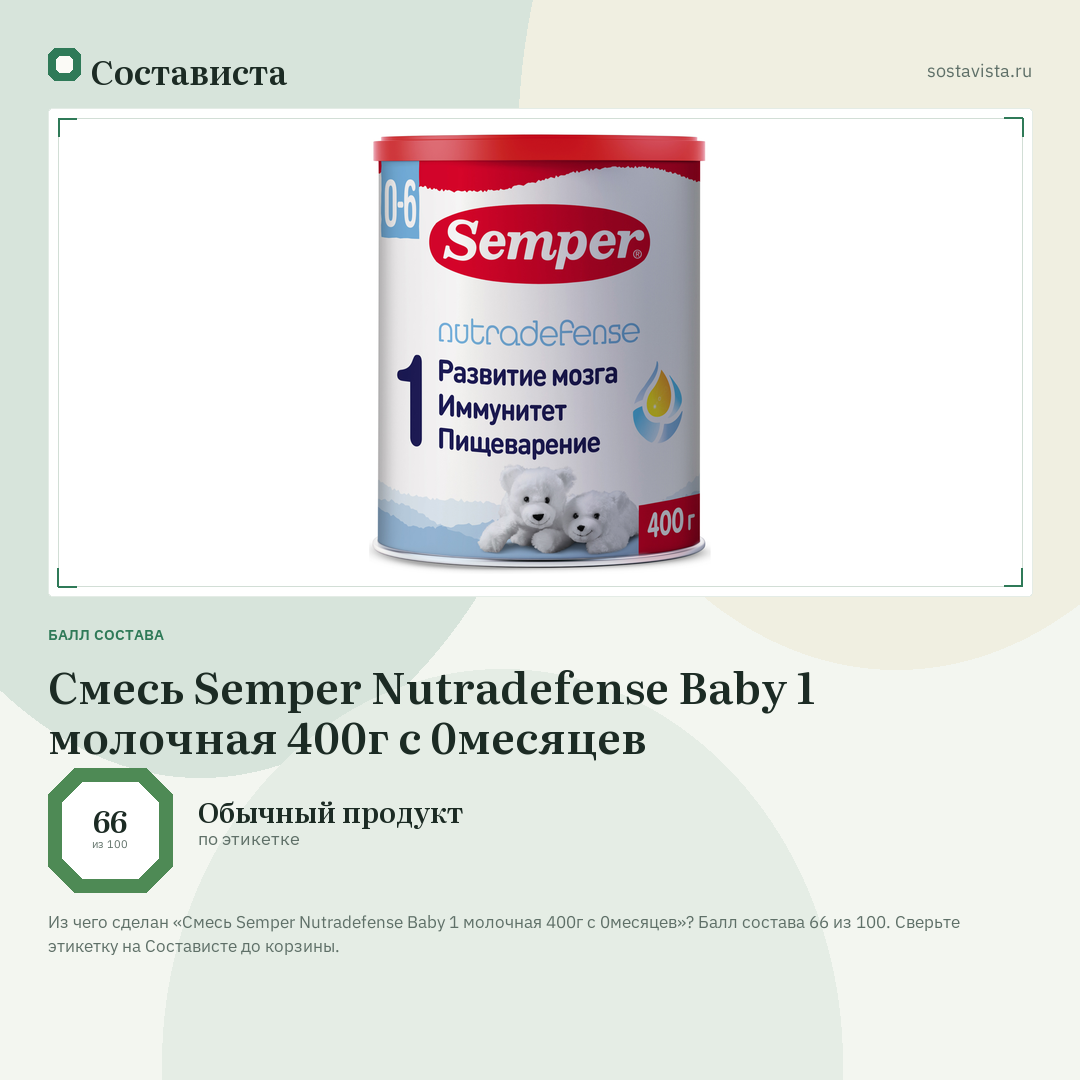 Смесь Semper Nutradefense Baby 1 молочная 400г с 0месяцев: балл состава 66 из 100 — Состависта