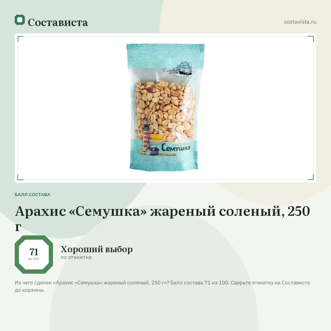 Арахис «Семушка» жареный соленый, 250 г: балл состава 71 из 100 — Состависта