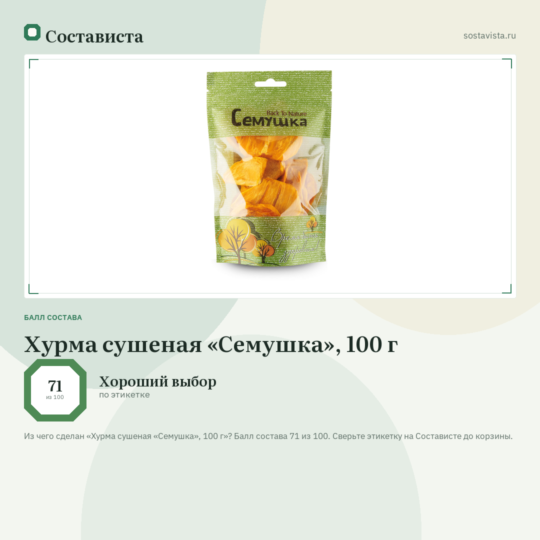 Хурма сушеная «Семушка», 100 г: балл состава 71 из 100 — Состависта