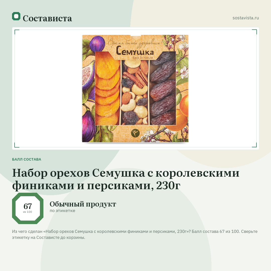 Набор орехов Семушка с королевскими финиками и персиками, 230г: балл состава 67 из 100 — Состависта