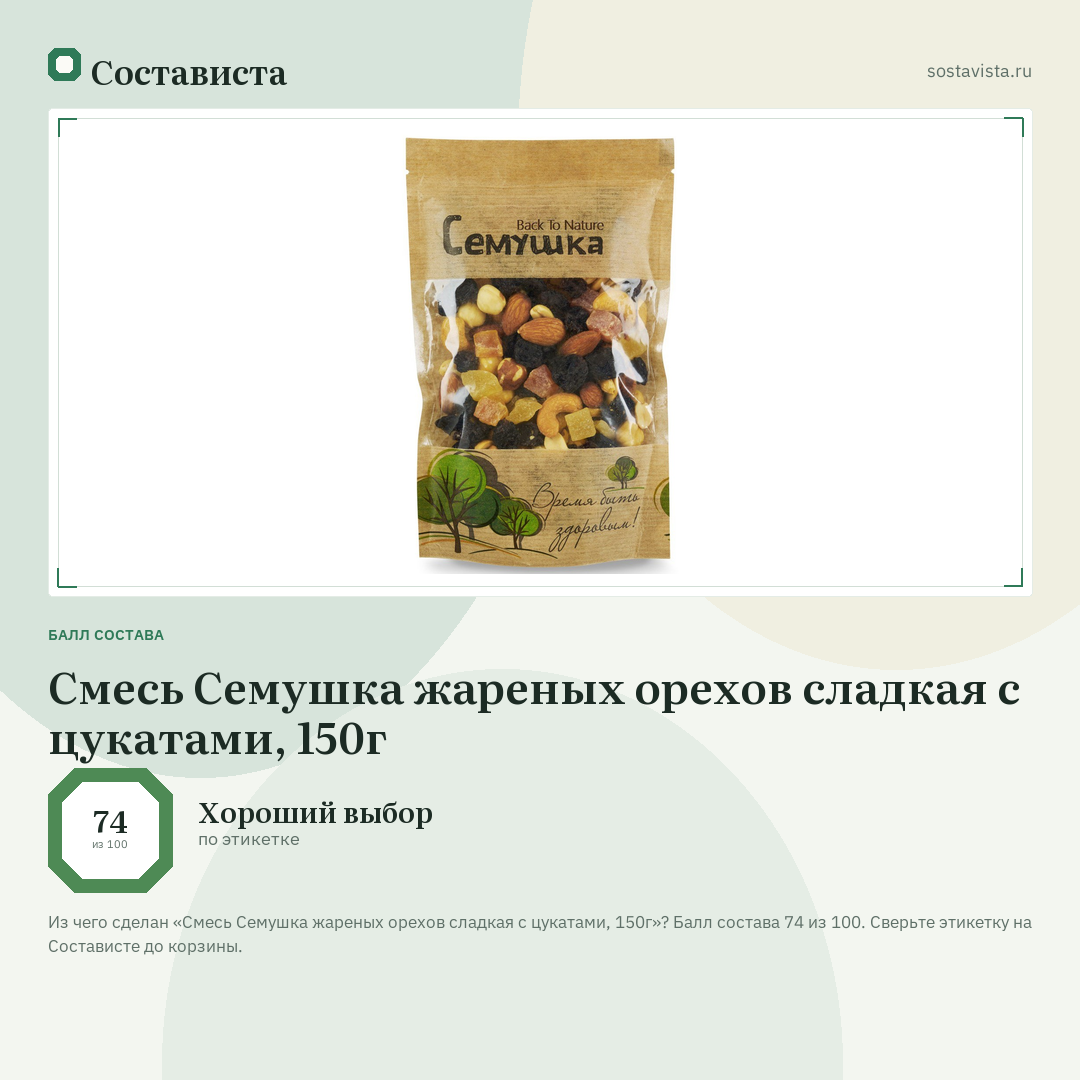 Смесь Семушка жареных орехов сладкая с цукатами, 150г: балл состава 74 из 100 — Состависта