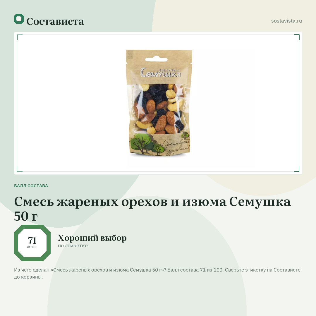 Смесь жареных орехов и изюма Семушка 50 г: балл состава 71 из 100 — Состависта