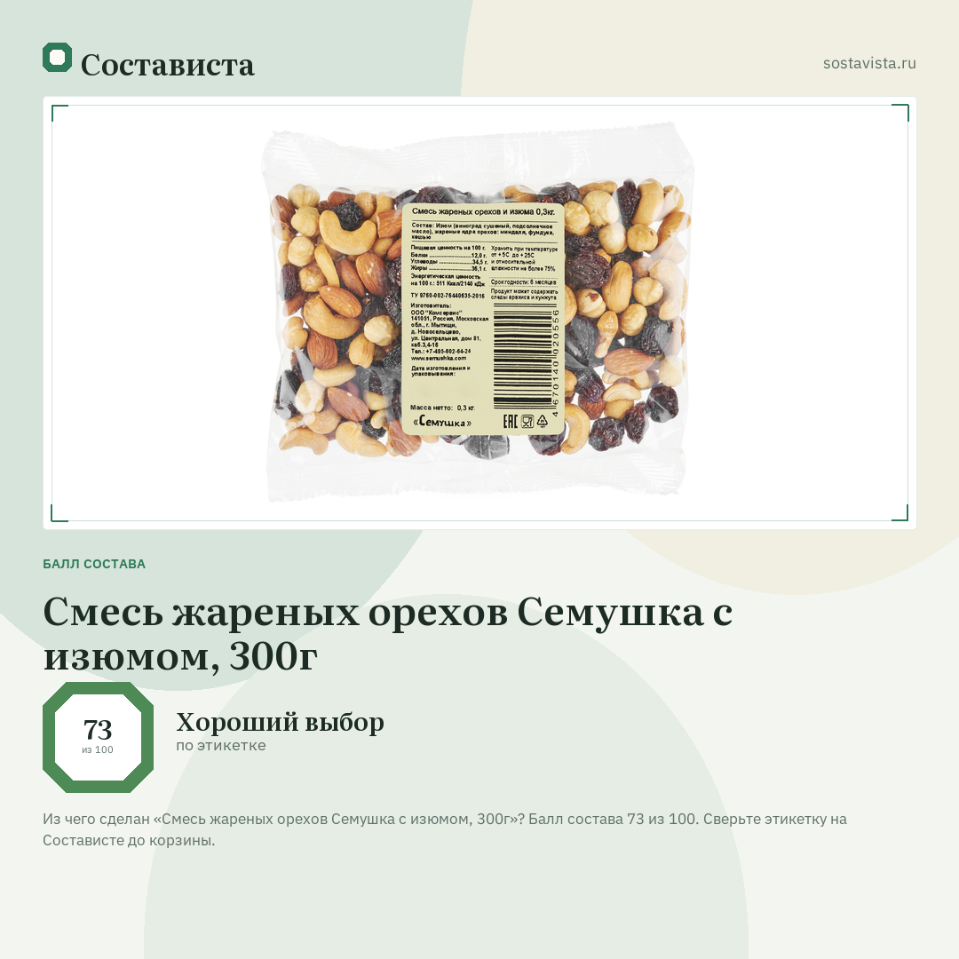 Смесь жареных орехов Семушка с изюмом, 300г: балл состава 73 из 100 — Состависта