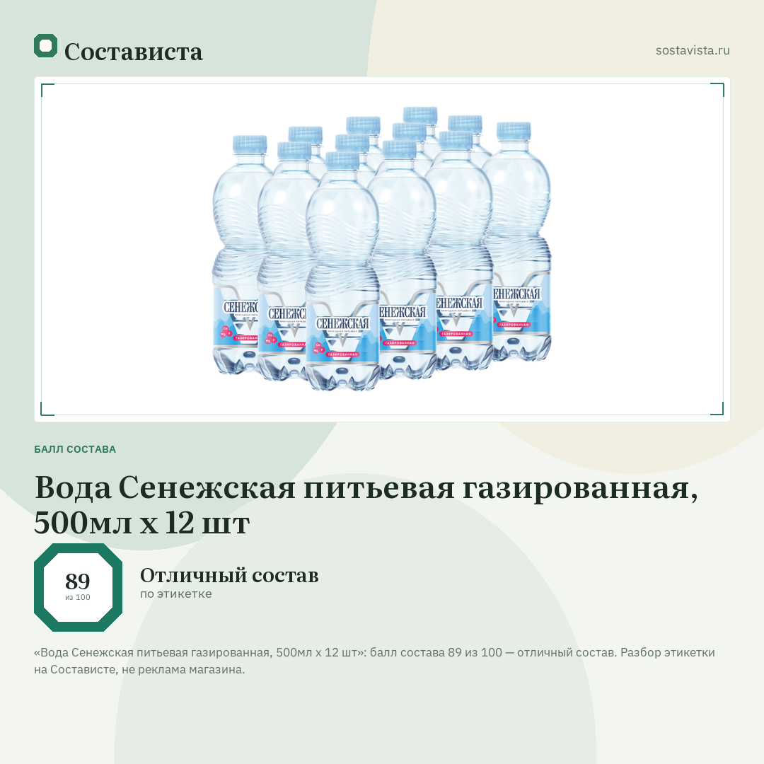 Вода Сенежская питьевая газированная, 500мл x 12 шт: балл состава 89 из 100 — Состависта