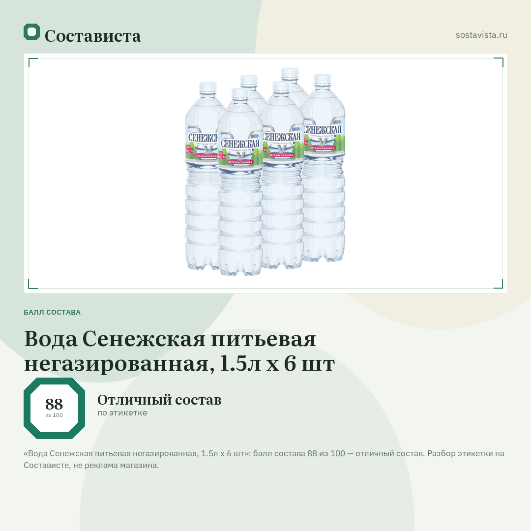 Вода Сенежская питьевая негазированная, 1.5л x 6 шт: балл состава 88 из 100 — Состависта