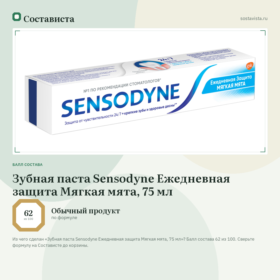 Зубная паста Sensodyne Ежедневная защита Мягкая мята, 75 мл: балл состава 62 из 100 — Состависта