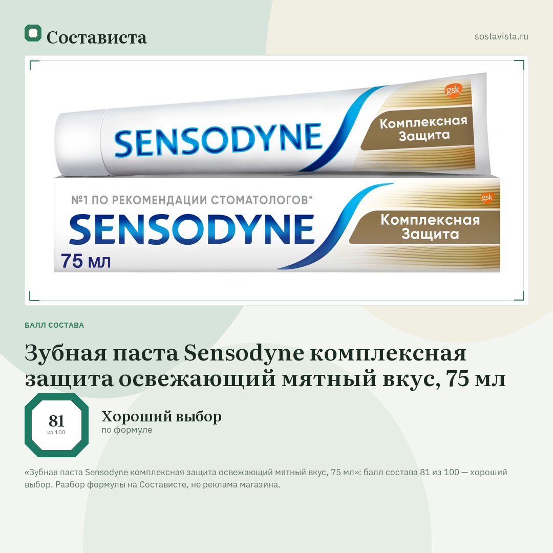 Зубная паста Sensodyne комплексная защита освежающий мятный вкус, 75 мл: балл состава 81 из 100 — Состависта