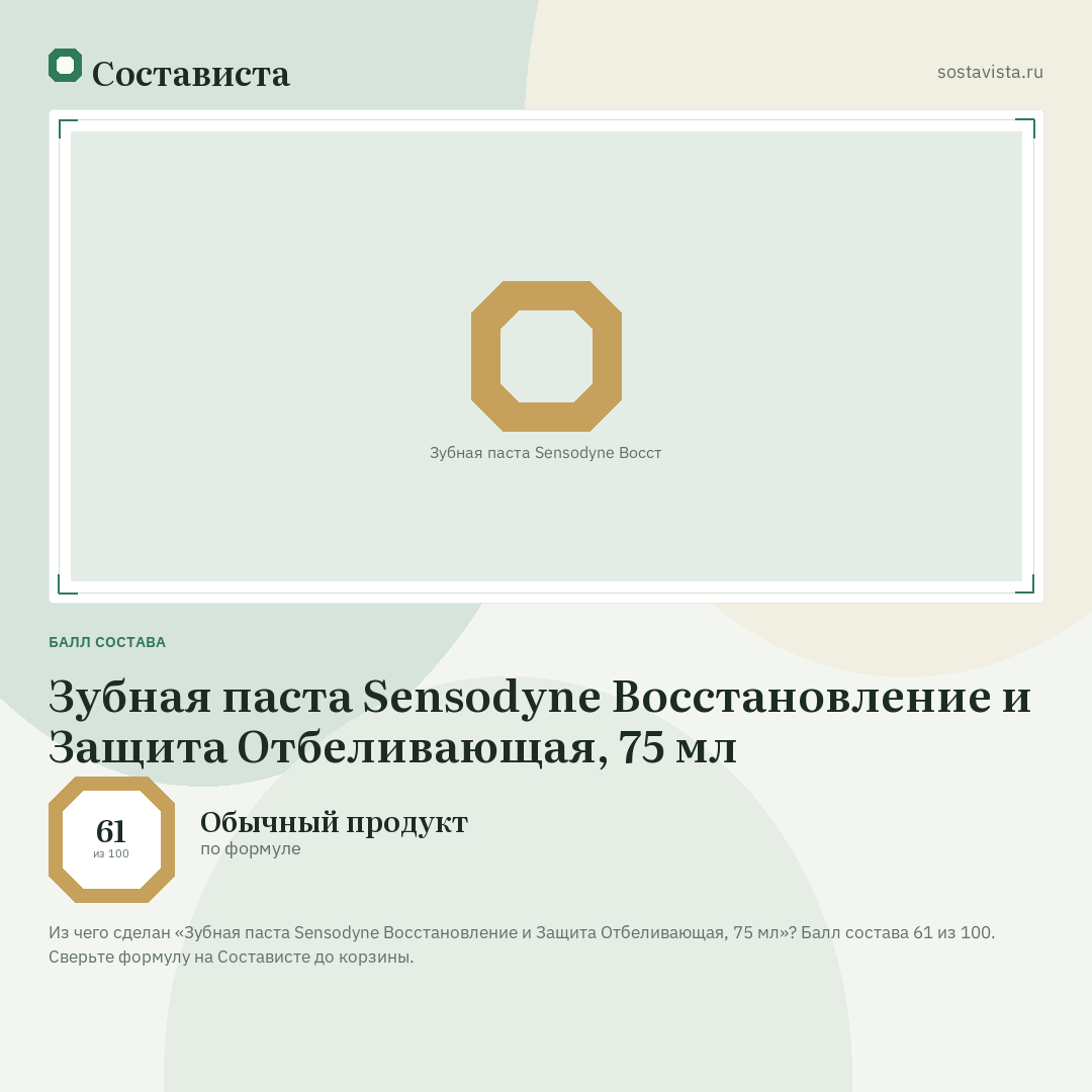 Зубная паста Sensodyne Восстановление и Защита Отбеливающая, 75 мл: балл состава 61 из 100 — Состависта
