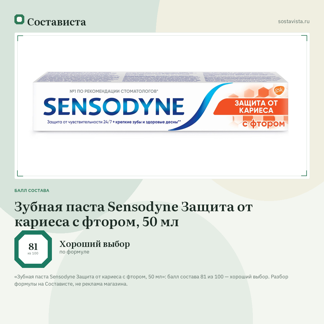 Зубная паста Sensodyne Защита от кариеса с фтором, 50 мл: балл состава 81 из 100 — Состависта