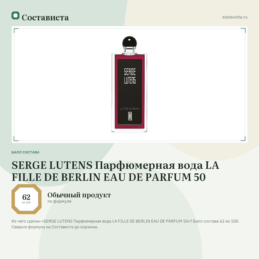 SERGE LUTENS Парфюмерная вода LA FILLE DE BERLIN EAU DE PARFUM 50: балл состава 62 из 100 — Состависта