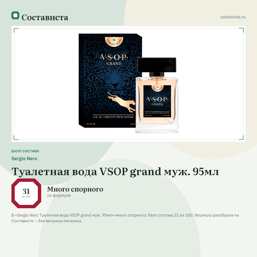 Sergio Nero Туалетная вода VSOP grand муж. 95мл: балл состава 31 из 100 — Состависта