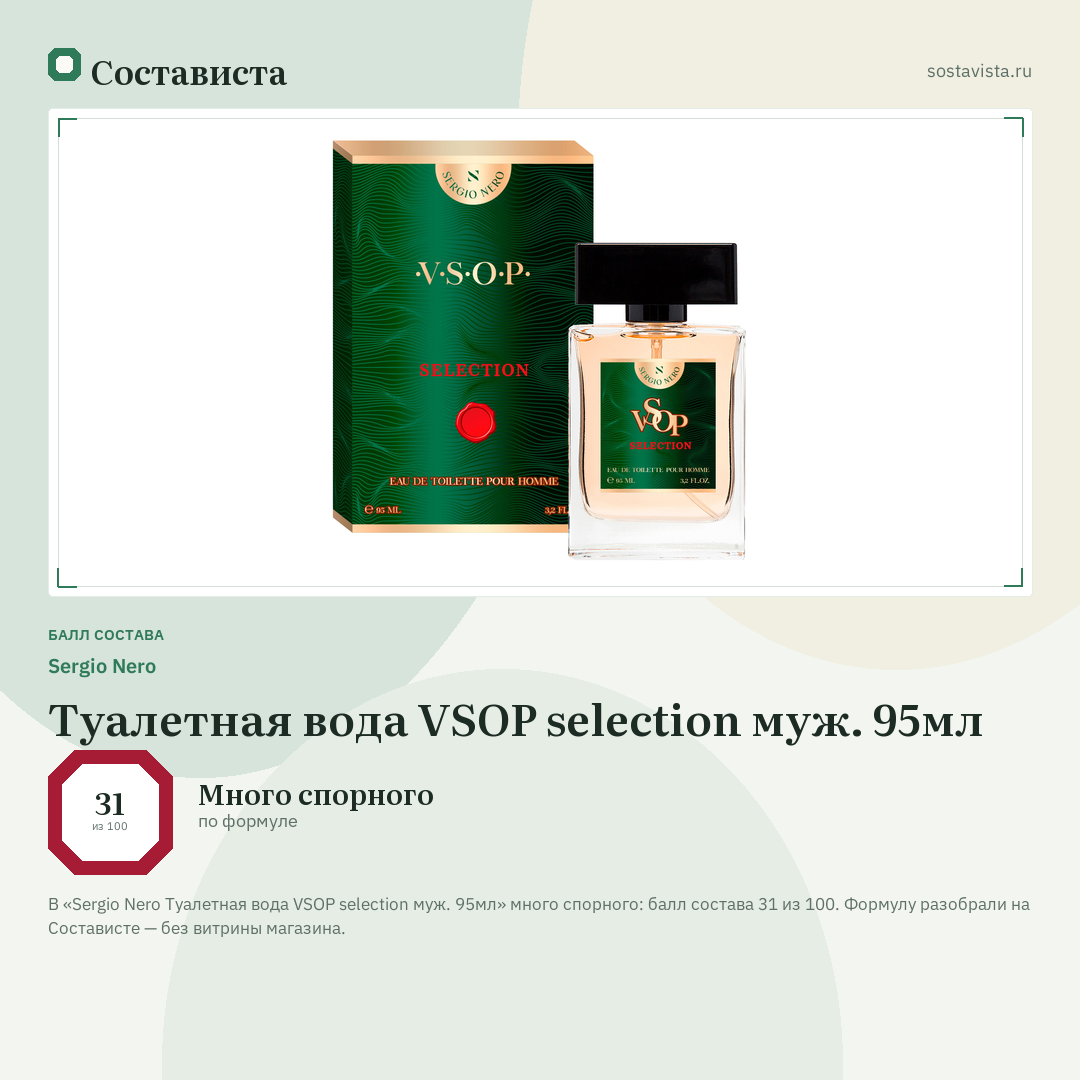 Sergio Nero Туалетная вода VSOP selection муж. 95мл: балл состава 31 из 100 — Состависта