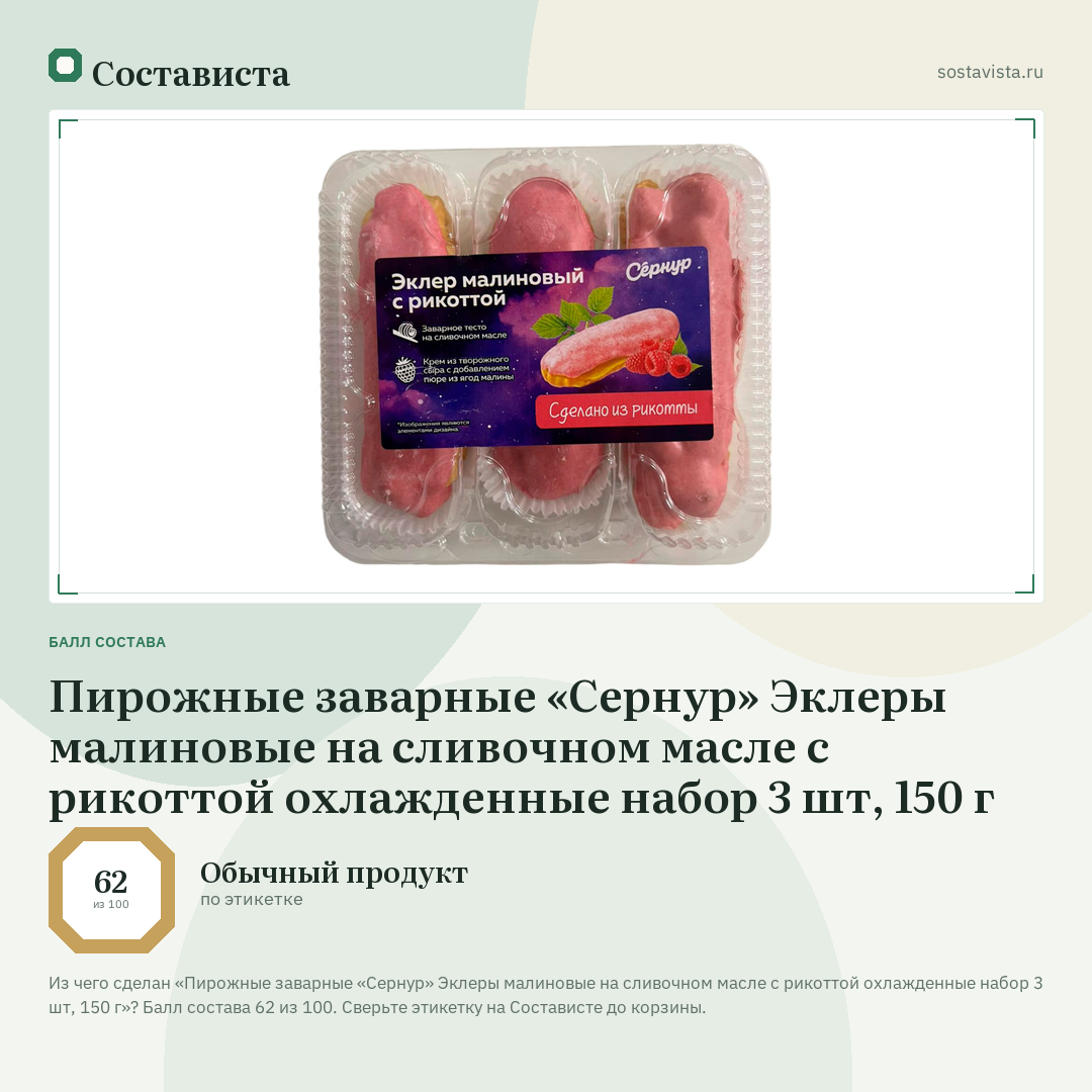 Пирожные заварные «Сернур» Эклеры малиновые на сливочном масле с рикоттой охлажденные набор 3 шт, 150 г: балл состава 62 из 100 — Состависта