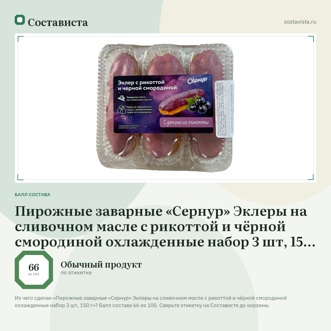 Пирожные заварные «Сернур» Эклеры на сливочном масле с рикоттой и чёрной смородиной охлажденные набор 3 шт, 150 г: балл состава 66 из 100 — Состависта