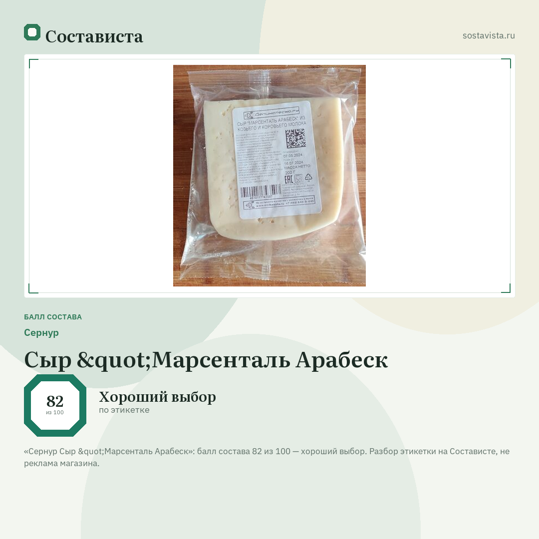 Сернур Сыр "Марсенталь Арабеск: балл состава 82 из 100 — Состависта