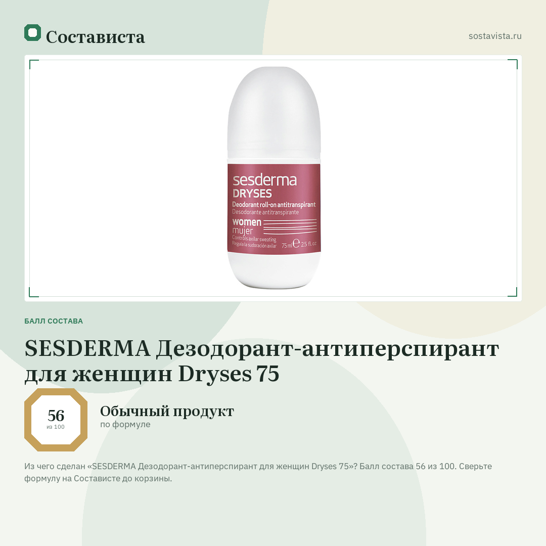 SESDERMA Дезодорант-антиперспирант для женщин Dryses 75: балл состава 56 из 100 — Состависта