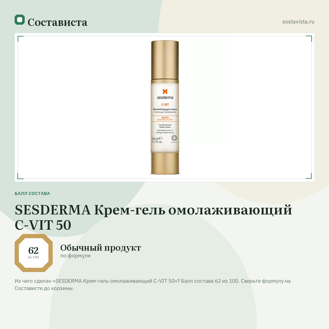 SESDERMA Крем-гель омолаживающий C-VIT 50: балл состава 62 из 100 — Состависта