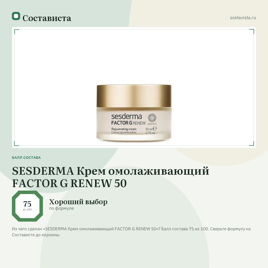 SESDERMA Крем омолаживающий FACTOR G RENEW 50: балл состава 75 из 100 — Состависта