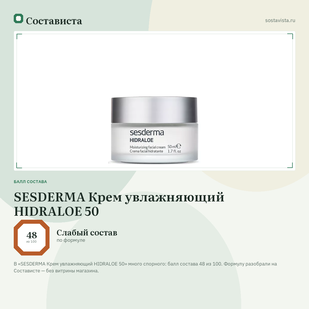 SESDERMA Крем увлажняющий HIDRALOE 50: балл состава 48 из 100 — Состависта
