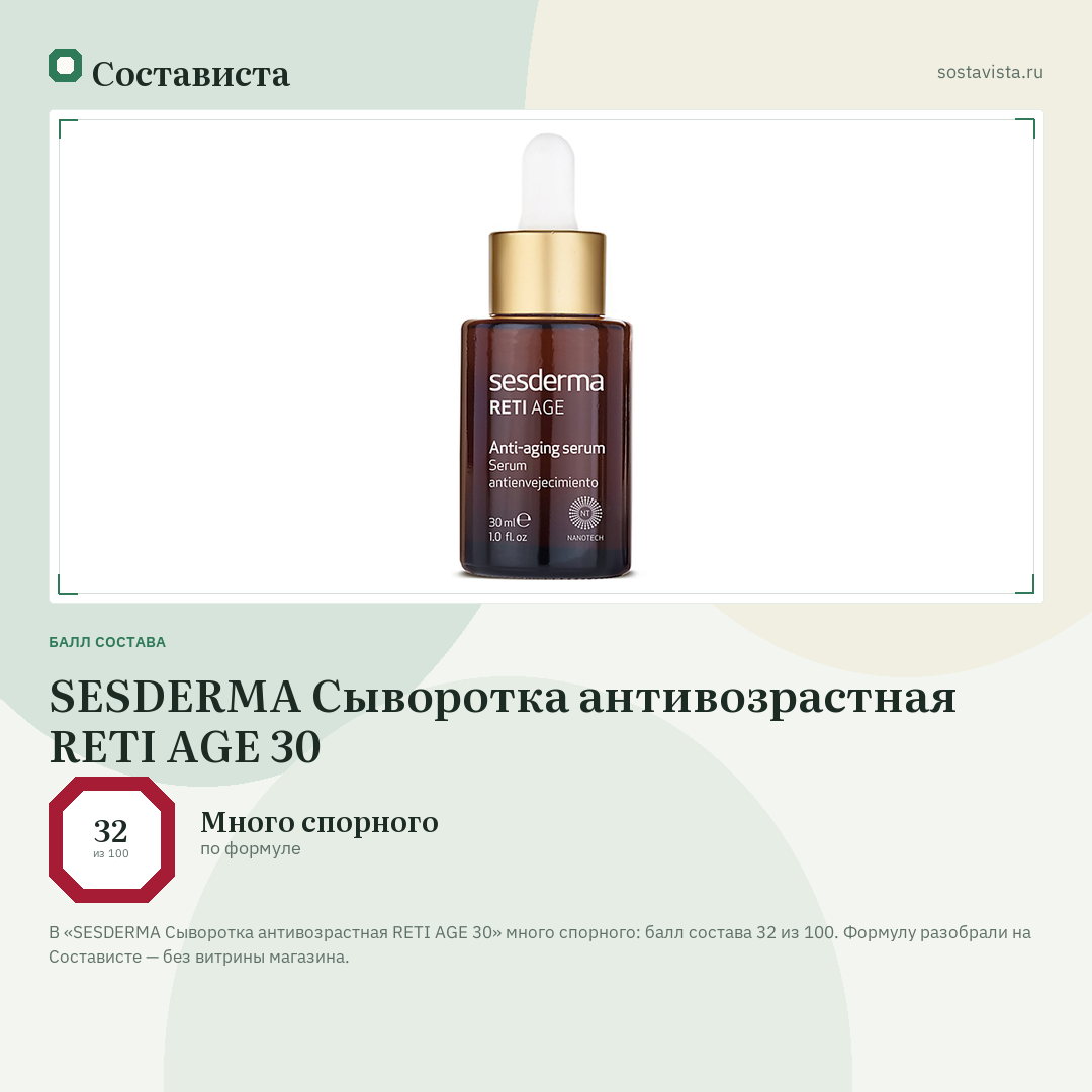 SESDERMA Сыворотка антивозрастная RETI AGE 30: балл состава 32 из 100 — Состависта