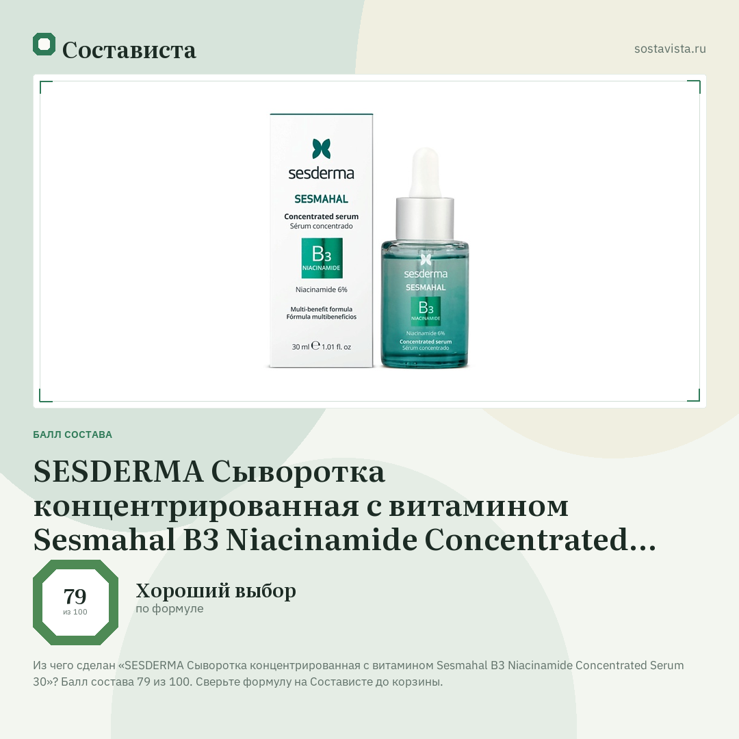 SESDERMA Сыворотка концентрированная с витамином Sesmahal B3 Niacinamide Concentrated Serum 30: балл состава 79 из 100 — Состависта