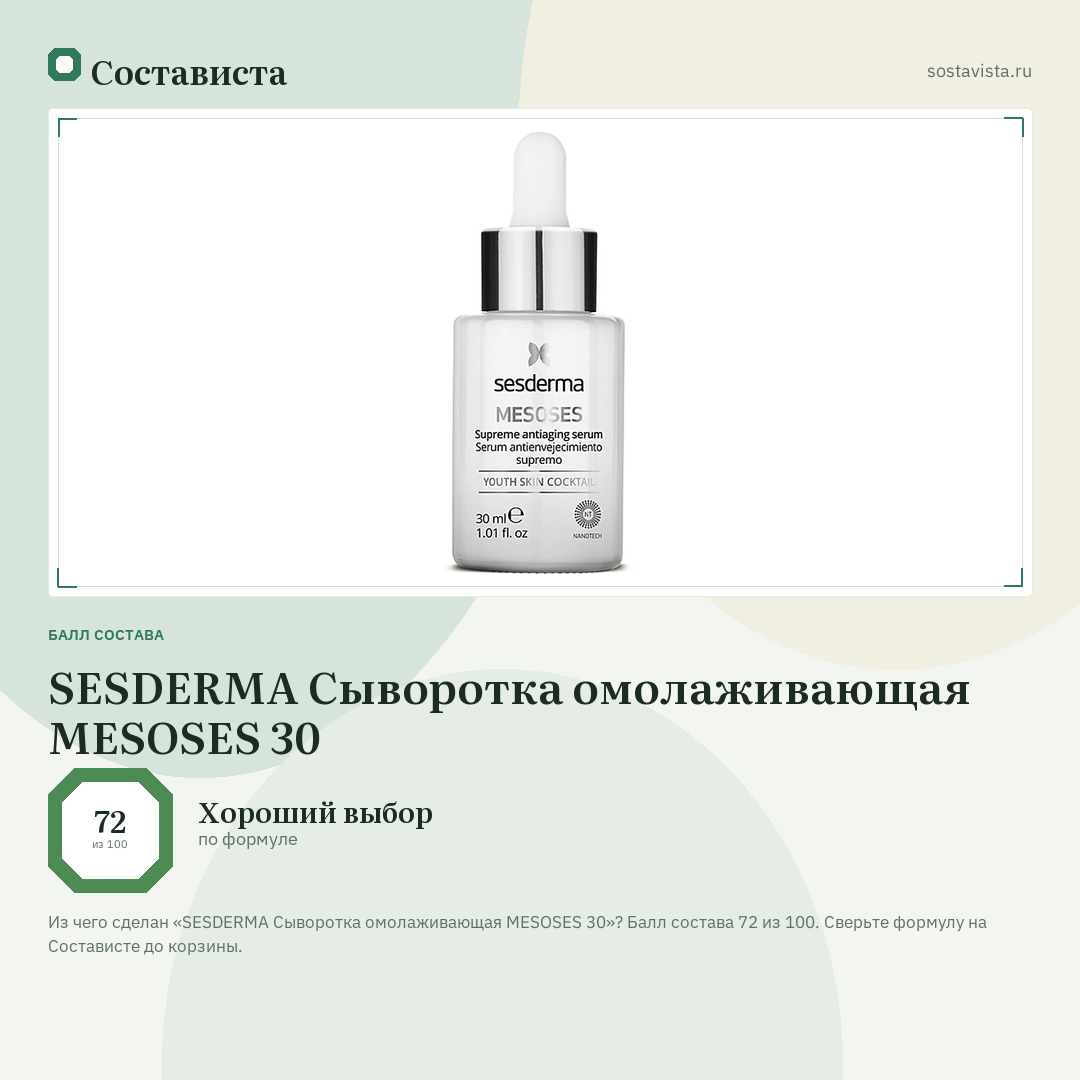 SESDERMA Сыворотка омолаживающая MESOSES 30: балл состава 72 из 100 — Состависта