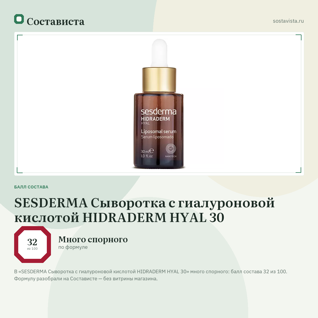 SESDERMA Сыворотка с гиалуроновой кислотой HIDRADERM HYAL 30: балл состава 32 из 100 — Состависта