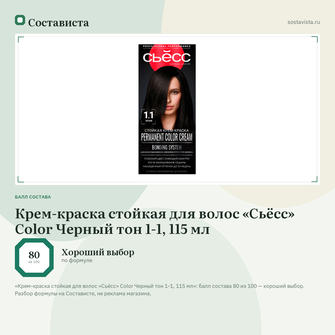 Крем-краска стойкая для волос «Сьёсс» Color Черный тон 1-1, 115 мл: балл состава 80 из 100 — Состависта