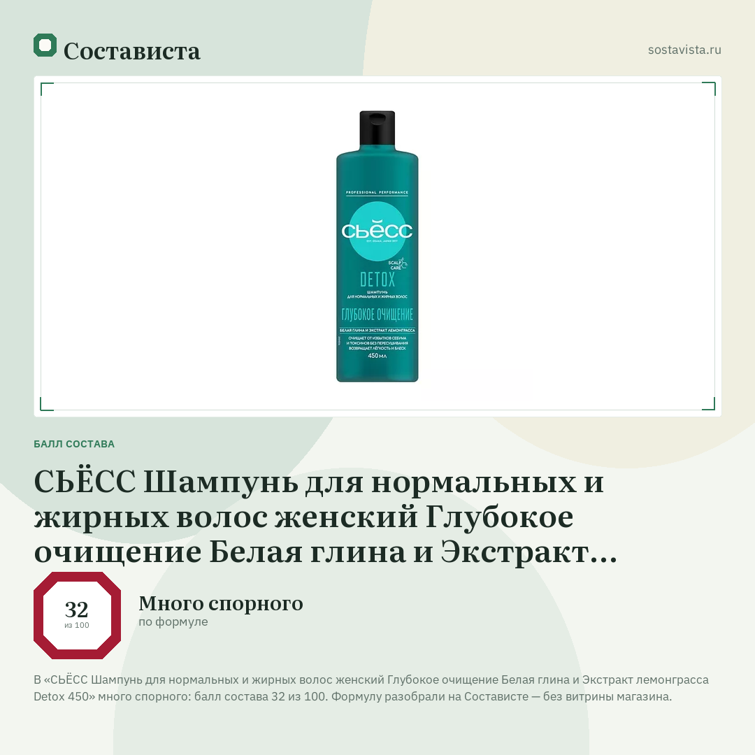 СЬЁСС Шампунь для нормальных и жирных волос женский Глубокое очищение Белая глина и Экстракт лемонграсса Detox 450: балл состава 32 из 100 — Состависта