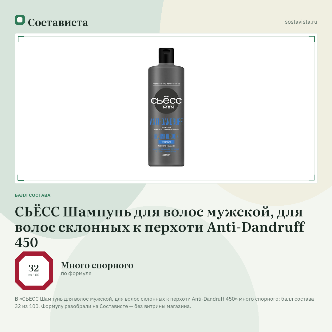 СЬЁСС Шампунь для волос мужской, для волос склонных к перхоти Anti-Dandruff 450: балл состава 32 из 100 — Состависта