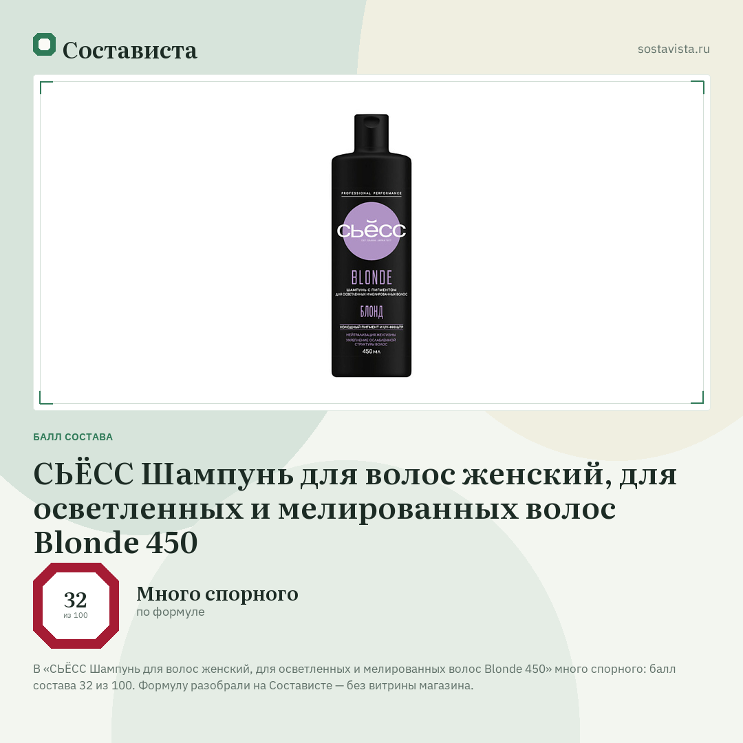 СЬЁСС Шампунь для волос женский, для осветленных и мелированных волос Blonde 450: балл состава 32 из 100 — Состависта