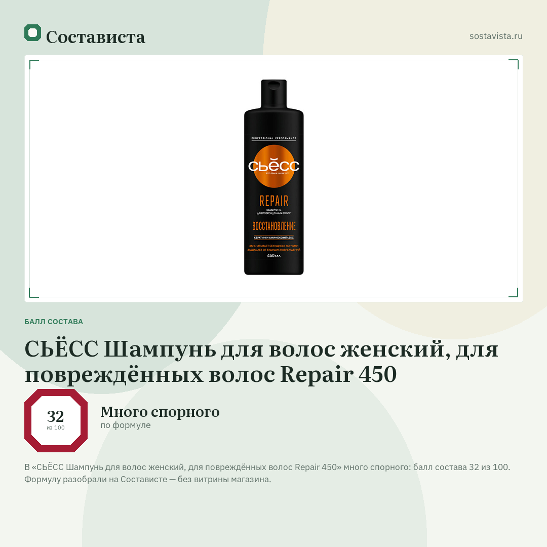 СЬЁСС Шампунь для волос женский, для повреждённых волос Repair 450: балл состава 32 из 100 — Состависта