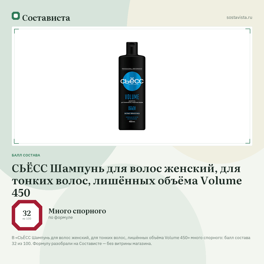 СЬЁСС Шампунь для волос женский, для тонких волос, лишённых объёма Volume 450: балл состава 32 из 100 — Состависта