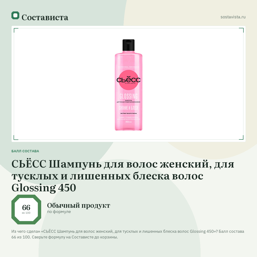 СЬЁСС Шампунь для волос женский, для тусклых и лишенных блеска волос Glossing 450: балл состава 66 из 100 — Состависта