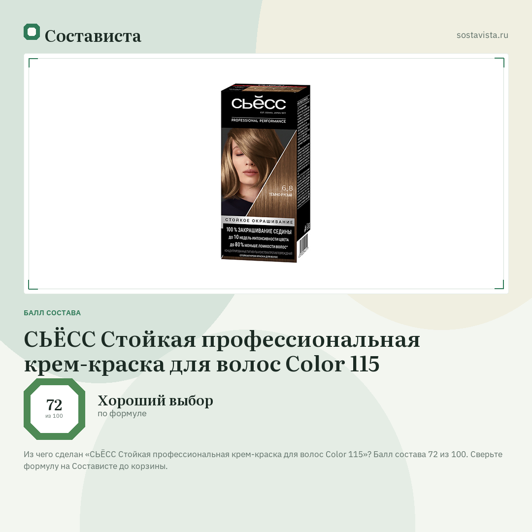 СЬЁСС Стойкая профессиональная крем-краска для волос Color 115: балл состава 72 из 100 — Состависта