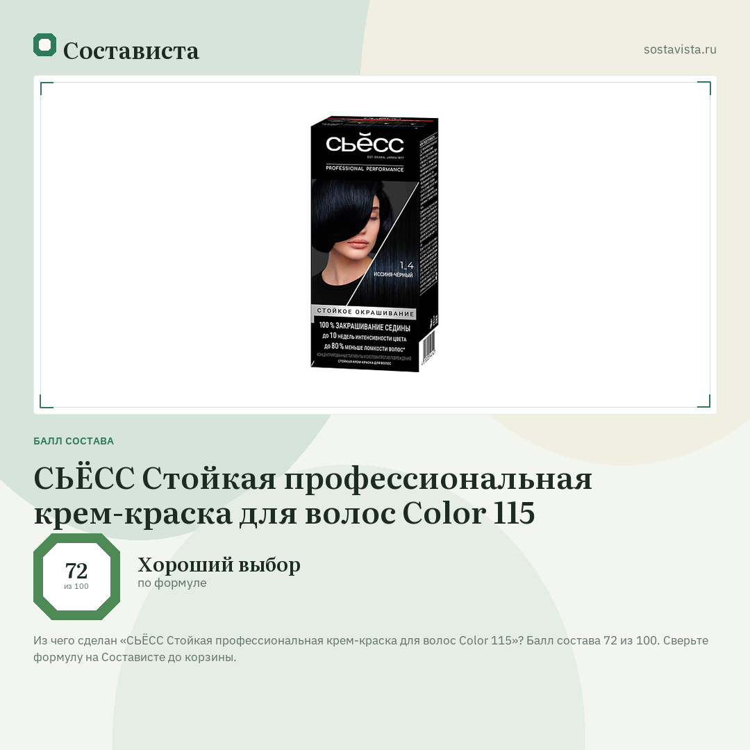 СЬЁСС Стойкая профессиональная крем-краска для волос Color 115: балл состава 72 из 100 — Состависта