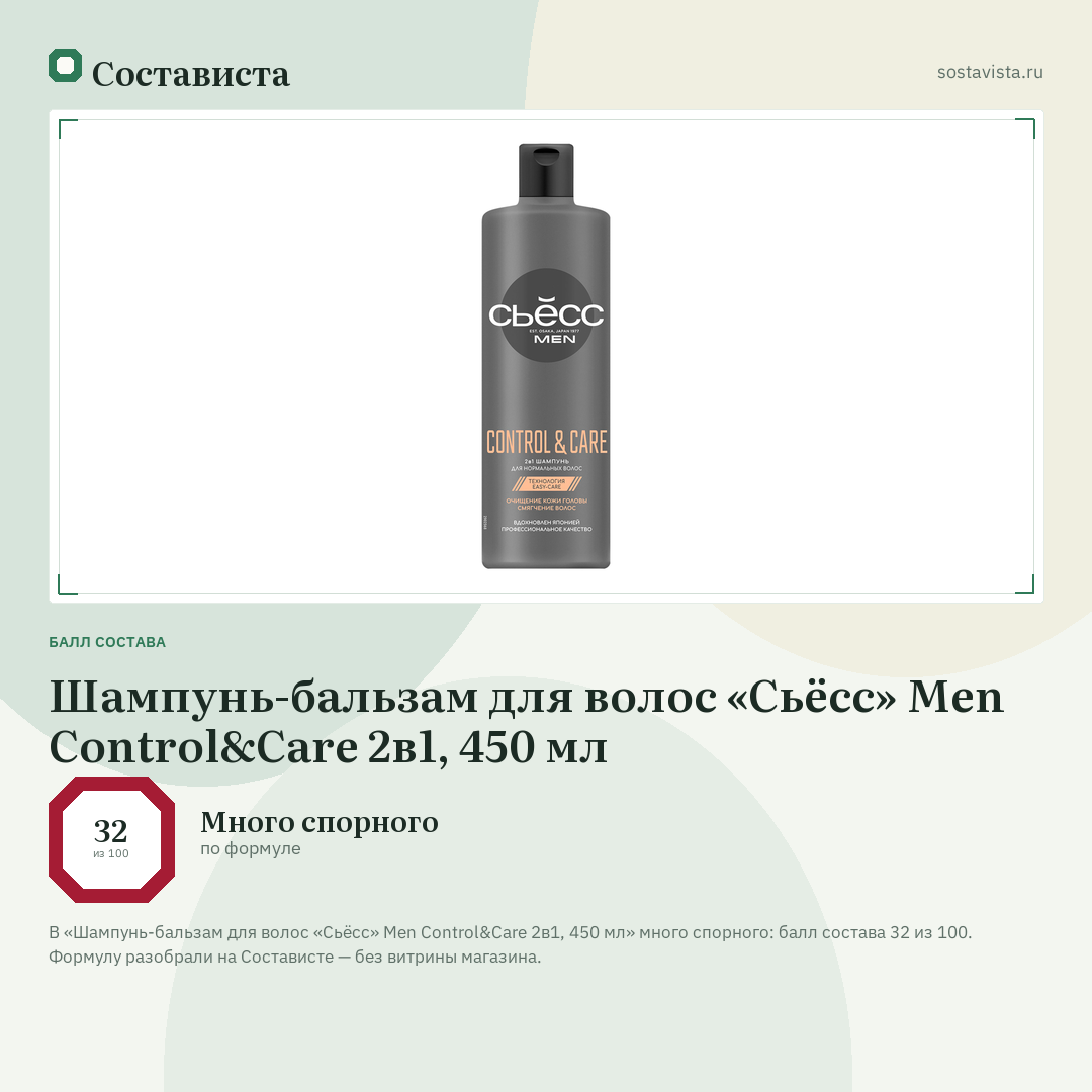 Шампунь-бальзам для волос «Сьёсс» Men Control&Care 2в1, 450 мл: балл состава 32 из 100 — Состависта