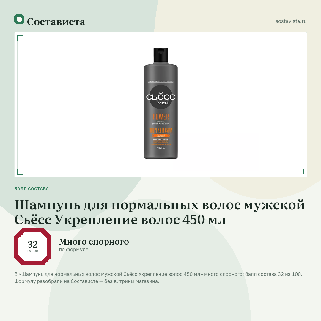 Шампунь для нормальных волос мужской Сьёсс Укрепление волос 450 мл: балл состава 32 из 100 — Состависта