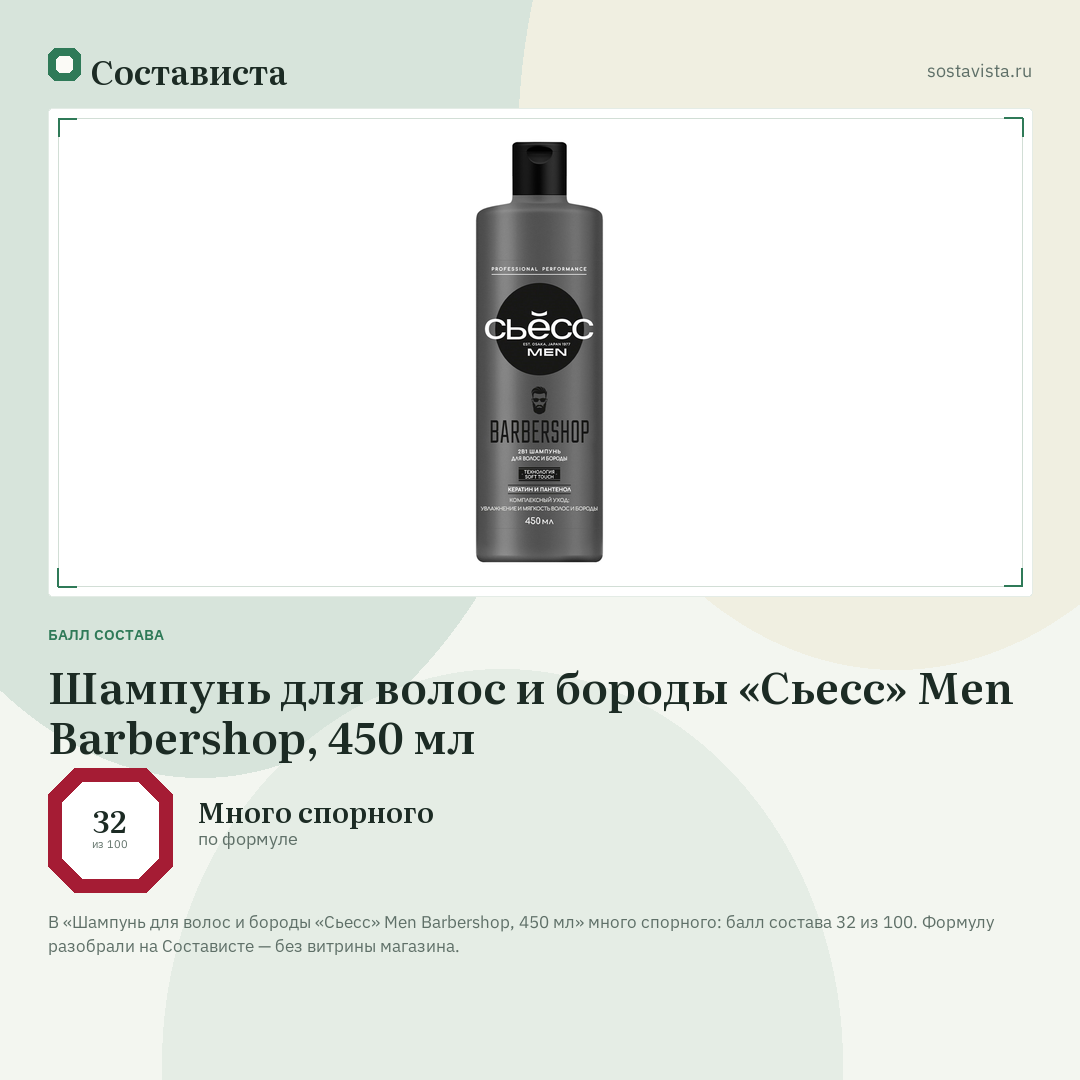 Шампунь для волос и бороды «Сьесс» Men Barbershop, 450 мл: балл состава 32 из 100 — Состависта