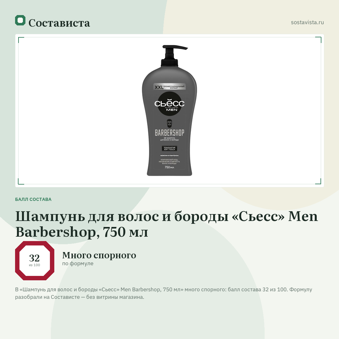 Шампунь для волос и бороды «Сьесс» Men Barbershop, 750 мл: балл состава 32 из 100 — Состависта