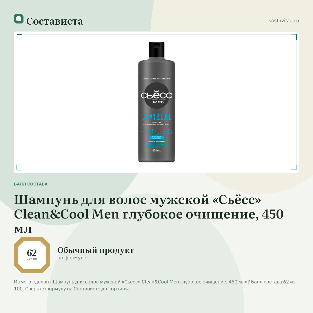 Шампунь для волос мужской «Сьёсс» Clean&Cool Men глубокое очищение, 450 мл: балл состава 62 из 100 — Состависта
